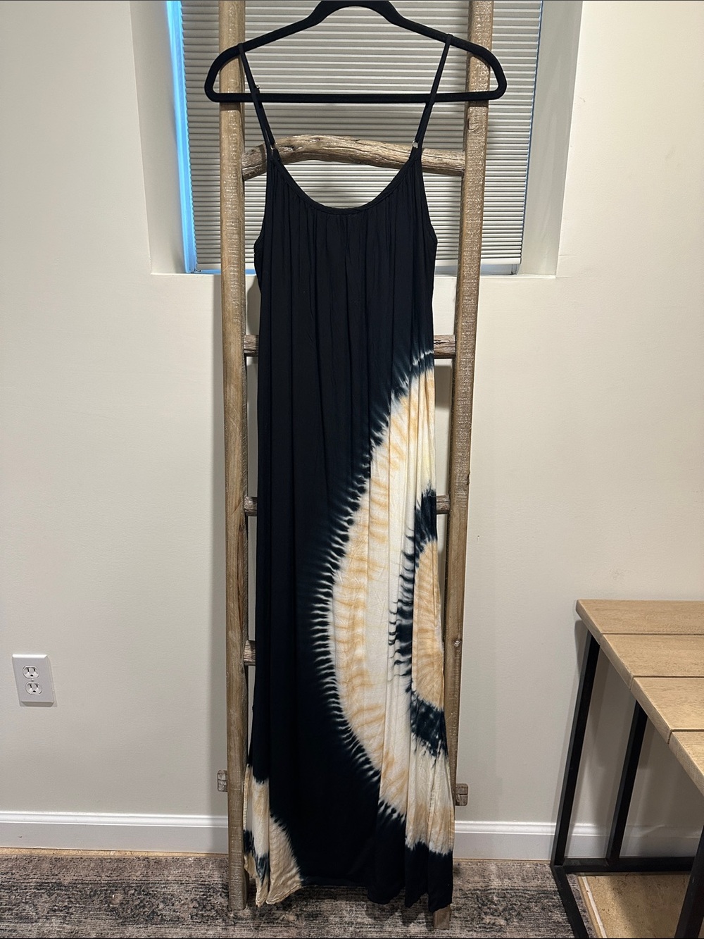 Black Maxi Dress with Tan Tie-Dye Accent - Spaghetti Strap